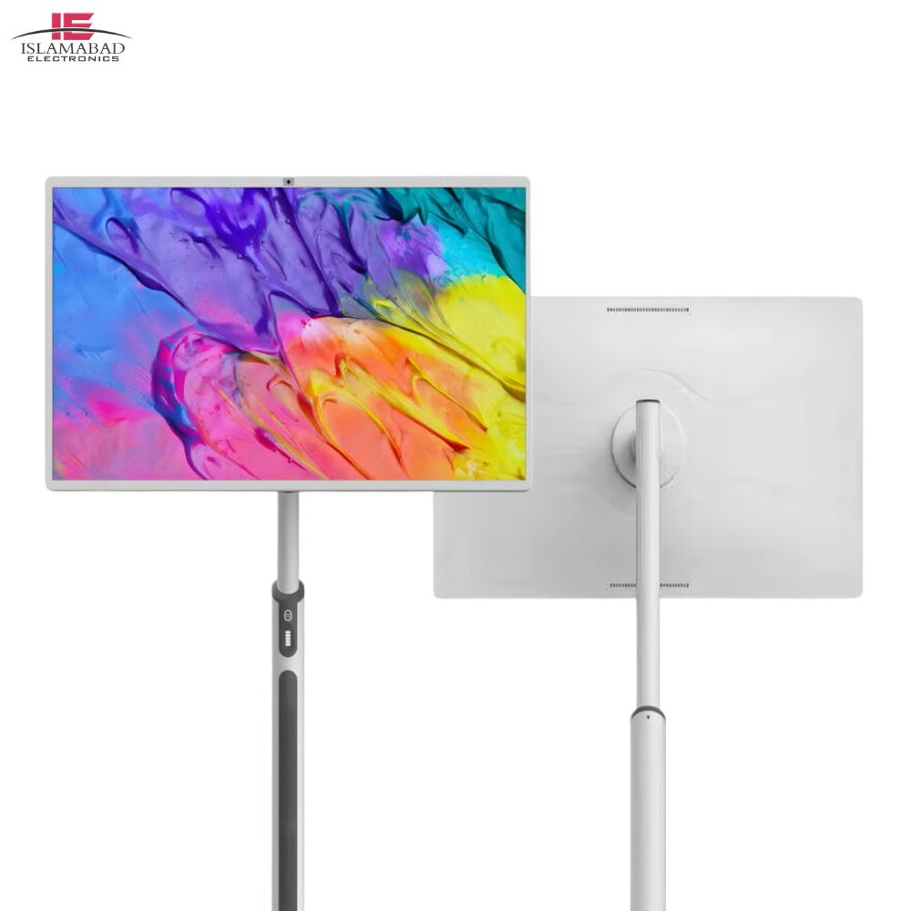 iBoard Portable Smart Touchscreen Monitor 32-inch Android 13 smart display with 8GB RAM, 128GB storage, built-in camera, speakers, rechargeable battery, movable stand, interactive touchscreen for office, education, gaming, and video conferencing in Pakistan